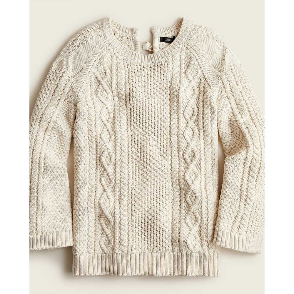 J.Crew Cream Tie Back Cable-knit Crew Neck Sweater Size M Old Money Quiet Luxury
